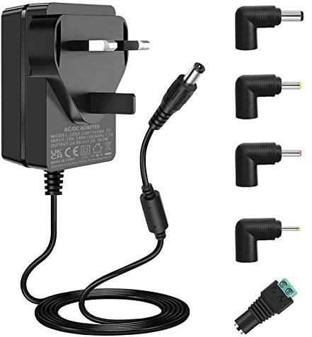 24V 1.5A DC Power Supply Cord, 100-240Vac to DC IN 24V Compatible with 24Vots 1.5A 1500ma 1.2A 1200ma 1A 1000Ma 0.5A 500ma Electronic Equipment with 5 Interchangeable Tips.