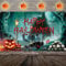 Happy Halloween Hintergrund Banner, Grün Stoff Halloween Party Hintergrund Wand Deko, Kürbis Fledermäuse Friedhof Skelett Schloss Mond Gruselig Poster Schild für Horror Halloween Party Dekoration