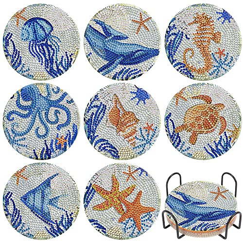 Diamond Painting Untersetzer, DIY Diamant Malerei Glasuntersetzer mit Halter, rutschfest Getränke Untersetzer, Rund Getränke Tassen Untersetzer Küchen Tassenuntersetzer Tisch Deko (Marine-Anzug)