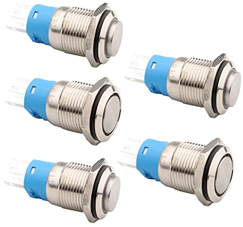 RUNCCI-YUN 5 Stücke 16mm Metall Verriegelung Druckschalter, DC 12 V / 24 V 4 Pin SPDT Schalter mit Blauer LED-Licht, wasserdichte Selbsthemmende Runde Schalter (Hervorstehend)