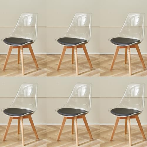 GrandCA HOME Lot de 6 Chaises de Salle à Manger avec Coussin de Siège en Cuir PU, Chaises Latérales Transparentes pour Cuisine, Salle à Manger, Chambre à Coucher (Noir/PU)