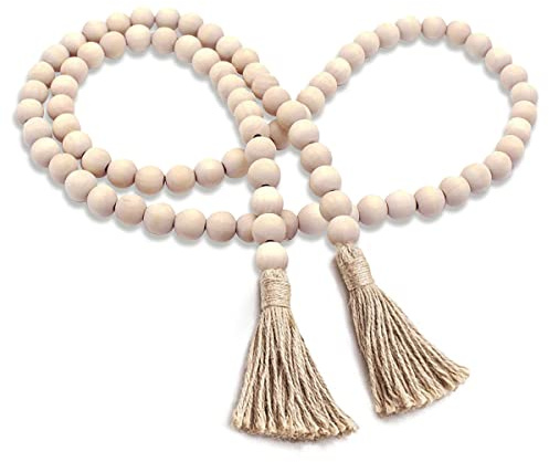 58 Inches String Garland Farmhouse Wooden Beads Rustic Boho Wood Beads Country Wall Hanging Decor Prayer Beads with Tassels(Wood)