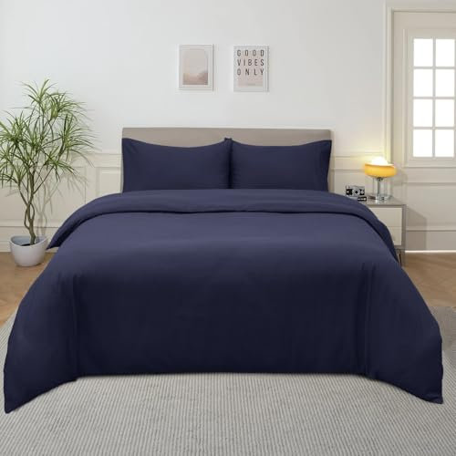 Imperial Rooms Double Duvet Cover Set – Brushed Microfiber Plain Navy Christmas Bedding Set with Pillow Cases – Ultra Soft Button Closure Quilt Cover (200 x 200 Cm)