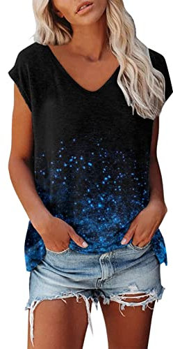 L9WEI Tops de verano sueltos, para mujer, cuello de pico, camiseta de verano, manga corta, informal, suelta, básica, blusa estampada, azul, XXL