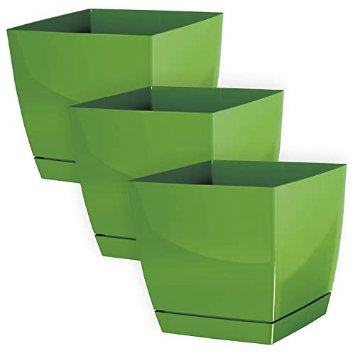 IMJ-Global Juego de 3 macetas para Plantas cuadradas Coubi Square de plástico, 13,5 x 13,5 x 12,4 cm, para Interior y Exterior, Color Verde, Volumen 1,5 litros, diseño Moderno