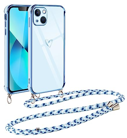 Vauki handyband für iPhone 13 Mini Hülle mit Band, Handyhülle mit Kette, Herz Motiv, Ultra Dünn Stoßfeste Aesthetic Case mit Kordel zum Umhängen für iPhone 13mini 5.4 Zoll, Blau