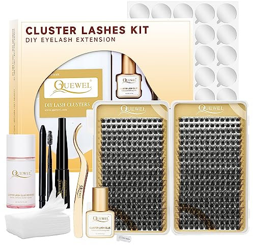 Individual Lashes 480 Cluster Lashes QUEWEL DIY Lash Extensions Kit, Eyelashes Applicator, Lash Cluster Glue Remover, Long-lasting Lash Glue and Overnightseal for Beginner to Apply(Mega D MIX)