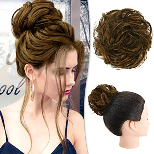 RUWISS Unordentlicher Haarteil 100% Echthaar Rose Dutt für Frauen Echthaar Scrunchies Hochsteckfrisur Haarteile Gelockt Bun Verlängerung Unordentlicher Brötchen(Dunkelbraun/Goldbronze gemischt)