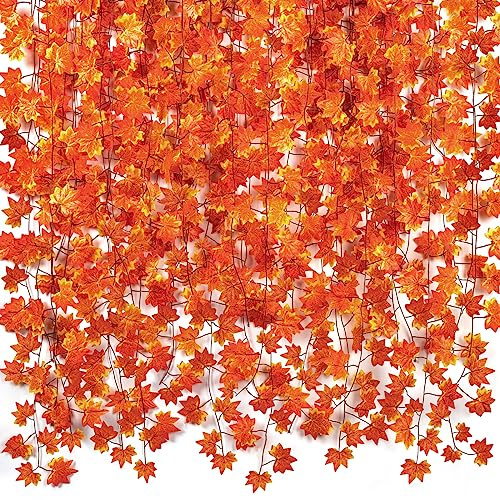 CQURE 24 Pcs Autumn Fall Leaf Garland, Hanging Fall Vines Maple Garland Artificial Fall Maple leaves Thanksgiving Decor for Home Wedding Fireplace Part
