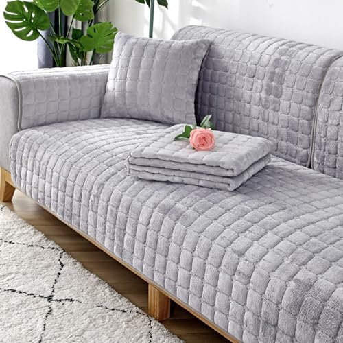 Samt Sofabezug 1 2 3 4 Sitzer Couchbezug L Form Ecksofa Sofaüberwurfe/Couch überwurfdecke,Ecksofa Sofa überzug Pets Dog Anti-rutsch Sofaschutz,Ultra Weicher Sofaschoner (Hellgrau, 90*210cm)