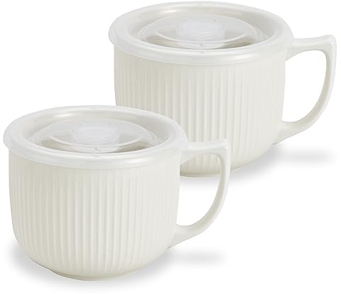 Hoilse Ceramic Soup Bowl with Handle – Large 900ml Microwave Soup Mug with Lid, Soup Container & Cup for Cereal, Oatmeal, Ramen, Noodle, Porridge, Housewarming Gift - Set of 2(White)