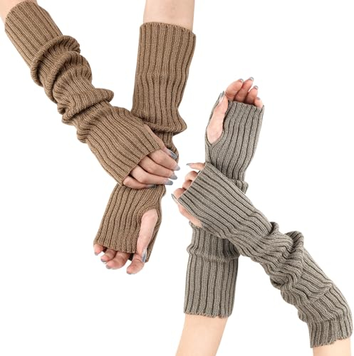 PHOGARY 2 Paar Lange Halb Fingerlose Handschuhe Damen, Winter Armstulpen Damen Warme Gestrickte Armwärmer Lange Pulswärmer Damen mit Fingerlöchern Handstulpen Arm Warmers für Herbst Winter, B