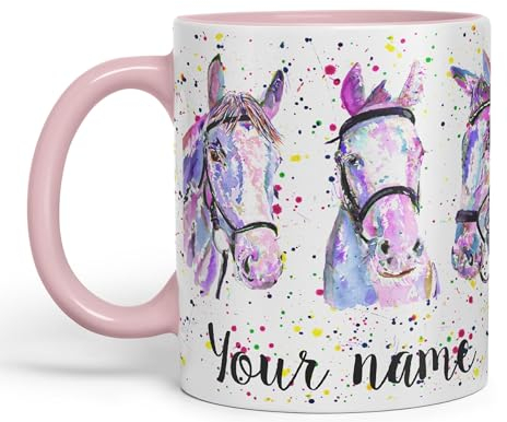 Vixar Personalised with Your Horses Horse Farm Animals Watercolour Art Coloured Mug Cup Gift Birthday Custom Work Office Tea Coffee (Pink)