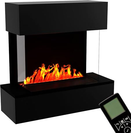 GLOW FIRE Wasserdampf Kamin HÖLDERLIN Sims (Wandkamin) - Elektrokamin für die Wand mit realistischen LED 3D-Flammen, Knistereffekt & Fernbedienung, 80x78x40 cm, Opti-Myst 500, Schwarz