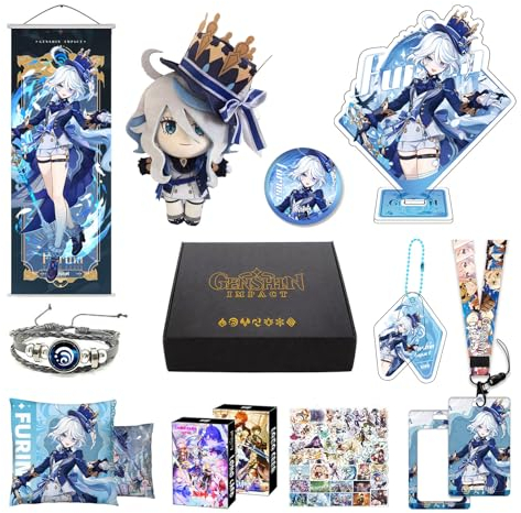 MOTAO Genshin Impact Box Xiao Hu Tao Qiqi Merch Set - Puppe, Poster, Kissenbezug, Standfigur, Armband, Abzeichen, Schlüsselanhänger, Kartenhülle, 30 Lomo Karten, 50 Aufkleber (Furina)
