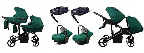 BabyLux® Kinderwagen Set 4 in 1 für Zwillinge - Trailux Duo - Bottle Green - incl. Babywanne, Buggy Sportsitz, Auto-Babyschale, ISOFIX-Basisstation - Autositz - Geschwisterwagen Zwillingskinderwagen