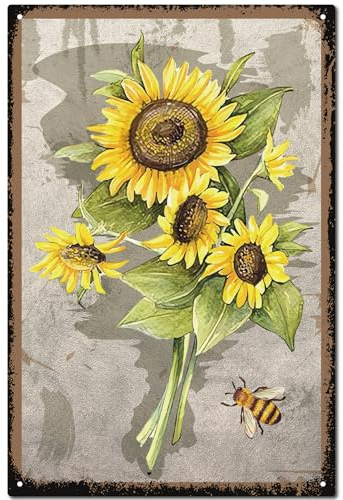 CREATCABIN Cartel Vintage Girasol con Diseño Abeja,Metal,para Decoración Pared,Placa Pintura Retro,Cartel Hierro,Mural para Colgar Jardín,Hogar,Cocina,Granja,Habitación,Cafetería,Decorativo 30x20cm