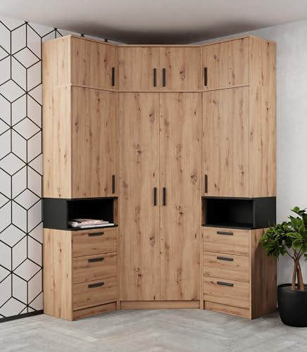 Marmex Grant Set 14A EIN geräumiger Eckschrank mit Einlegeböden Zwei Standregale und Aufsätzen Soft Close Funktion (Artisan+schwarz)