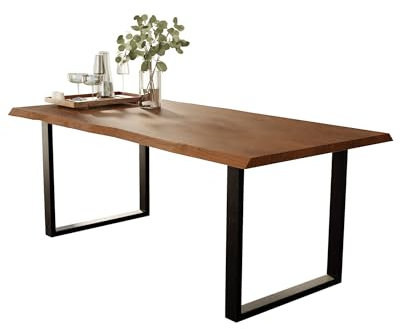 Liadomo Esstisch 200x100 Isa Nuss, Baumkantentisch, Akazie Massivholz Tisch, 26mm Tischplatte Lackiert, Robust & Pflegeleicht, Unikat, U-Gestell Metall schwarz