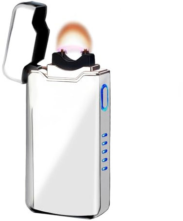 Elektrisches Feuerzeug - Winddicht, Plasma-Flamme, Lichtbogen, Wiederaufladbar, USB Mit Batterieanzeige (Silber)