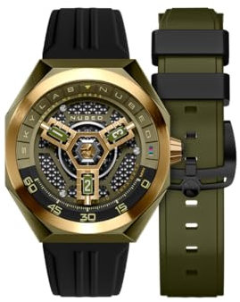 Nubeo Skylab Automatikuhr für Herren, Limitierte Auflage, 48 mm, mit Kautschukarmband NB-6083, Grün-Gold