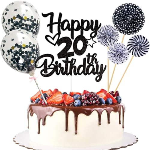 Anlgdi Tortendeko 20. Geburtstag Mann Frau, Kuchen Topper Happy 20th Birthday Schwarz, Glitzer Cake Topper 20. Geburtstag Ballons Konfetti Papierfächer für Geburtstagstorte Deko 20 Jahre Frauen Männer