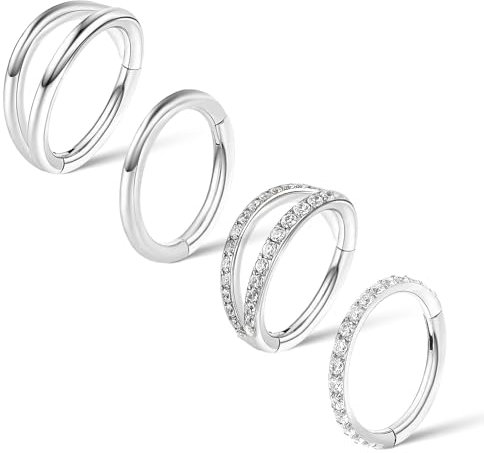 Tucnoeu 4 Stück Nasenring Zirkonia Design 18G 8mm - Edelstahl Hoop Nose Ring Septum Conch Ohrringe Augenbrauen - Silber Piercingschmuck