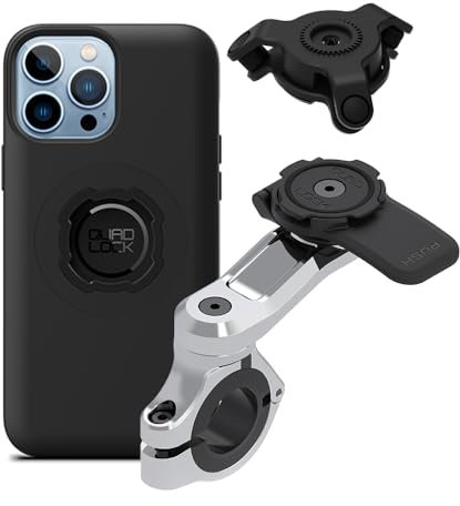 QUAD LOCK Lenker Handyhalterung PRO Chrom für Motorrad mit Vibrationsdämpfer und MAG Hülle für iPhone 13 Pro Max