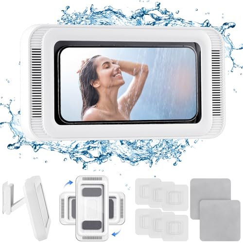 HOTUT Support de Téléphone de Douche Étanche, Étui téléphone Mural Rotation à 480°, Support Mural de Bain IPX5 étanche pour Moins 7 Phone, Étui Boîtier de Téléphone antibuée à écran Tactile HD