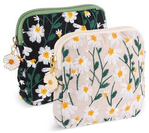 GEEHUA 2 Pcs Daisies Sanitary Napkin Storage Bag, Embroidery Period Pad Pouch, Soft Cotton Period Holder Bag Menstrual Cup Pouches Nursing Pad Holder Tampon Bags with Zipper for Women Teen Girls