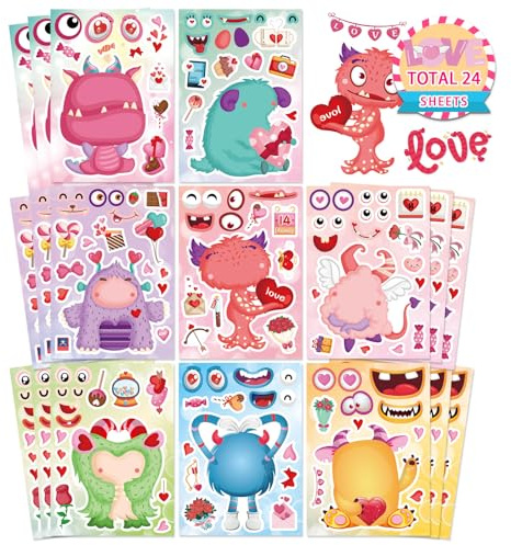 Make a Monster Face Aufkleber, 24 Stück, Valentinstag-Aufkleber für Kinder, machen Sie Ihre eigenen kleinen Monster-Aufkleber, Bögen, Monster-Thema, Basteln, Party, Spiel, Schule, Klassenzimmer,