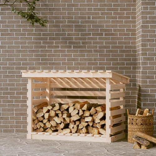 Kaminholzregal Holz Lagerregal für Innen und Außen Massive Kiefer Konstruktion 108x73x79cm Belüftetes Metallregal für Kaminholz Holzscheite Stabiler Kaminholzhalter Ständer Set