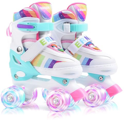 ERNAN Roller Enfant Filles et Garçons,Patin a Roulette Enfant 4 Taille Réglable, Roller Quad avec 8 Roues Lumineuses. Patins à roulettes pour Enfants pour débutants (White, S)