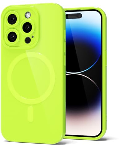Svanove for iPhone 14 Pro Phone Case Silicone Magnetic, Compatible with Magsafe Case Cute for Women, Girly Bright Color Glossy Jelly Thin Slim Hard Mag Safe Rubber & Camera Cover, Neon Green Lime
