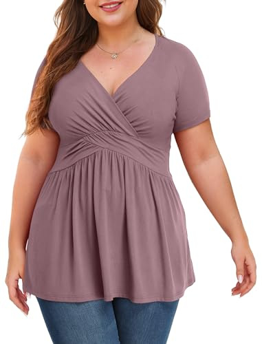 Anelune Plus Size Tops for Women, Short Sleeve Tunic Blouse, Mauve, XL