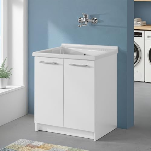 Mobile Lavatoio 75x61 Cm Con Vasca In Ceramica Linea Revine, Struttura Già Montata In Legno Nobilitato Bianco Con 2 Ante E Maniglie Cromo