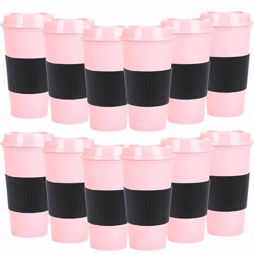 Yisituo Plastic Coffee Cups with Lids, 12 Pack 480ml Reusable Tumblers for Adults, for Hot & Cold Drinks, Microwaveable Travel Mugs (12, Pink)