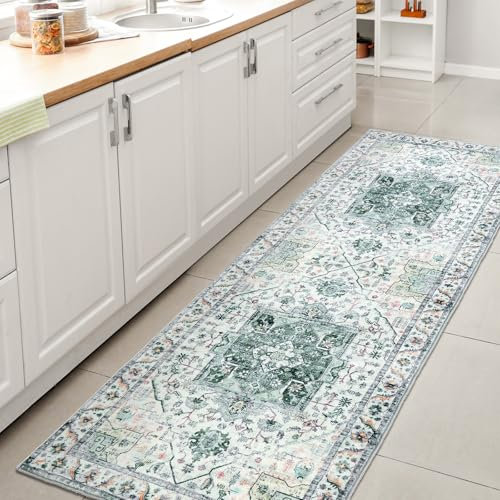 XSIVOD Runner Rugs for Hallway, Green Washable Rugs for Entryway Kitchen Runner, Soft Vintage Area Rugs for Bedroom Living Room Rug, Non Slip Floor Accent Carpet for Home Deocor, 60 x 180 cm