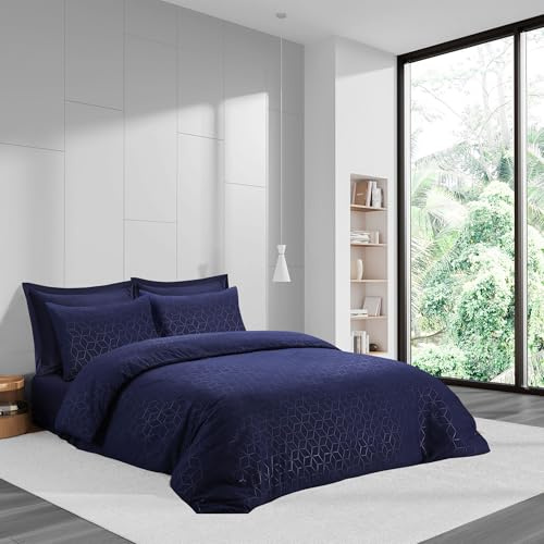LYMA Bedding Duvet Cover Set Double Geometric Embossed, OEKO-TEX Certified, Ultra Soft NanoPlush Double Brushed Quick Dry & Button Closure, Wrinkle Fade Resistant Quilt Cover with Pillowcase (Navy)