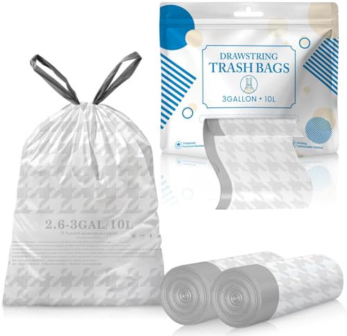 10L Bin Liners – Drawstring Small Bin Bags, 90 Bags White Food Waste Bags with Tie Handles, Strong & Leakproof Pedal Bin Liners for Bathroom, Kitchen & Bedroom (Size 10–15 Litre)