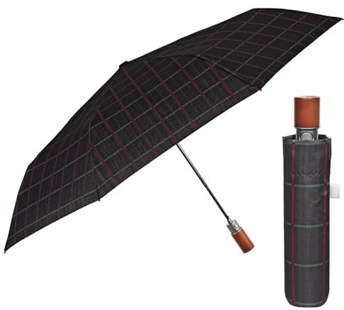 PERLETTI Paraguas Plegable Hombre Antiviento Portátil - Sombrilla Lluvia con Abertura Automática Pequeño de Viaje Bolso - Mini Paraguas Compacto Resistente Ligero - Diámetro 96 cm (Línea Roja)