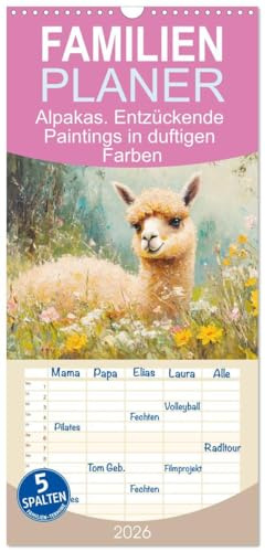 Familienplaner 2026 - Alpakas. Entzückende Paintings in duftigen Farben mit 5 Spalten (Wandkalender, 21 cm x 45 cm), CALVENDO: Zauberhafte Alpakas in pastellfarbenen Ölbildern (CALVENDO Tiere)