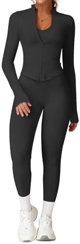 Gym Sets for Women 2 Piece Long Sleeve Zip Up Cropped Jackets With Hidden Scrunch Leggings Workout Set Yoga Outfits Activewear Sets