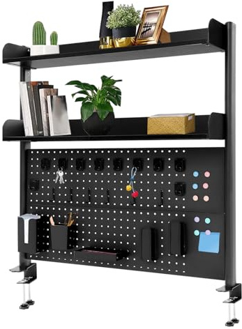 Fyssnn Étagère de bureau à 2 niveaux à clipser - 100 x 95 cm - Avec panneau perforé - Organiseur de bureau à clipser - Pour livres, stylos - Noir