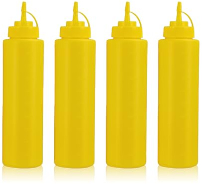 WELKOR Squeeze Bottles for Sauces,Leak-Proof Condiment Dispenser, BPA-Free Kitchen Restaurant Squeeze Bottle Set with Wide Mouth for Ketchup, Mustard,Syrup,Dressings (Yellow, 4Pack-32oz(900ml))