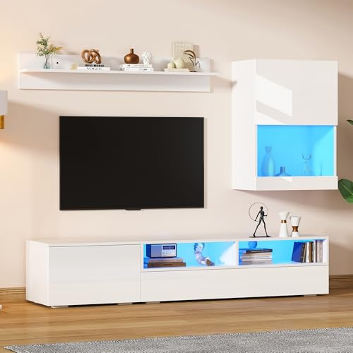 175x39x34cm TV Wohnwand-set mit Vitrine (Komplett-Set, 3-St),Mediawand inkl.TV-Board, Standregal und Wandregal,TV Wohnzimmermöbel-Set mit LED und Hochglanz,TV-Schrank,stehend&hängend,TV bis 80',Weiß