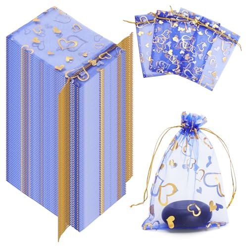 VOSSOT 100PCS Organzasäckchen Blau mit Herzmuster, Kleine Geschenktüten Hochzeit Gastgeschenke Bonbonbeutel, Schmuckbeutel mit Zugband, Organza Geschenkbeutel Party Geburtstag, Deko Säckchen 16x11cm