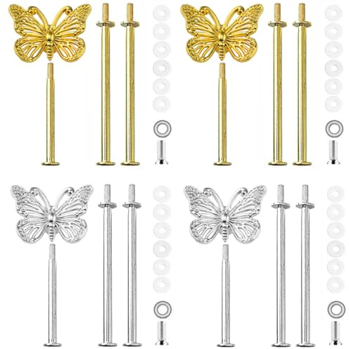 BetterJonny 4 Set Etageren Stangen, Etagere Bausatz Metallstangen Etagerenhalter Mittellochausstech 2 bis 3 Etage für Hochzeitstorte Tortenhalter Torten Etagere Tortenständer Gold Silber Schmetterling