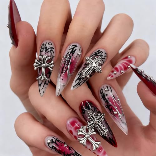 Rolcheleego 24pcs Long Stiletto False Nails Dark Red Black Stick on Nails Gothic Silver Cross Press on Nail Removable Glue on Full Cover Fake Nail Set for Women Brides