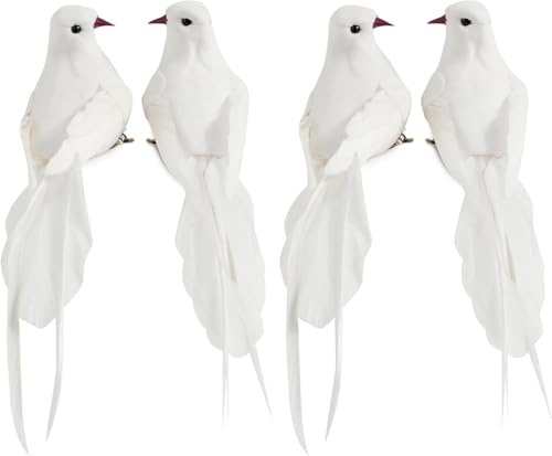 YGHSZ 4er-Set Weiße Tauben aus Schaumstoff mit Clip - Künstliche Vögel Deko für Hochzeit, Weihnachten, Garten & Party